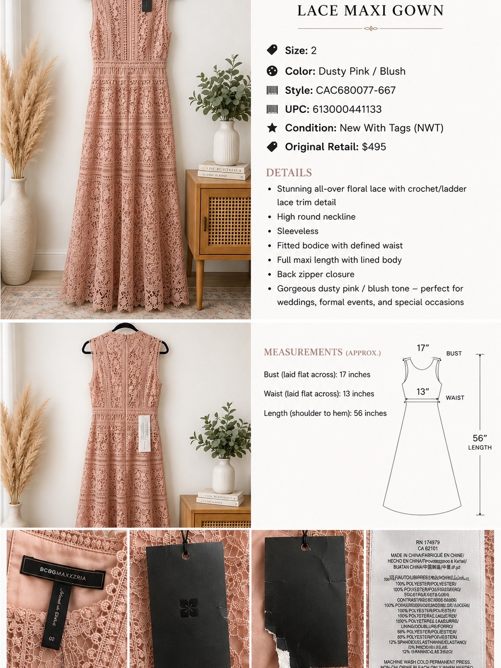 BCBGMaxAzria Dusty Pink Blush Crochet Lace Maxi Dress- Stunning